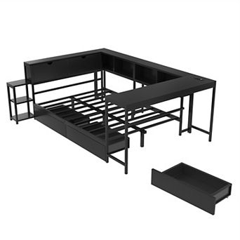 Pnronnc Corner Bed Frame w/Bookcase & Drawers Metal Storage Bed with LED Lights & Charging Station