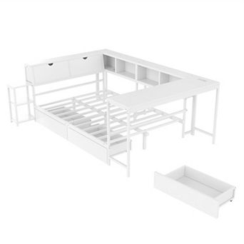 Pnronnc Corner Bed Frame w/Bookcase & Drawers Metal Storage Bed with LED Lights & Charging Station