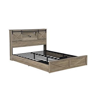 Pnronnc Storage Bed Frame w/2 Drawer Floor Platform Bed with LED Lights & Charging Station