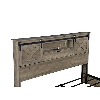 Pnronnc Storage Bed Frame w/2 Drawer Floor Platform Bed with LED Lights & Charging Station