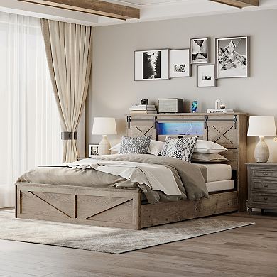 Pnronnc Storage Bed Frame w/2 Drawer Floor Platform Bed with LED Lights & Charging Station