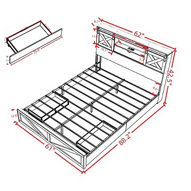 Pnronnc Storage Bed Frame w/2 Drawer Floor Platform Bed with LED Lights & Charging Station