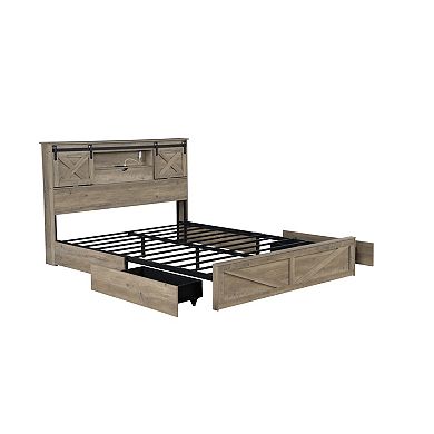 Pnronnc Storage Bed Frame w/2 Drawer Floor Platform Bed with LED Lights & Charging Station