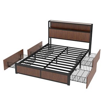Pnronnc Storage Bed Frame with Drawers, Queen Platform Bed Charging Station and Headboard