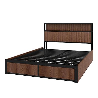 Pnronnc Storage Bed Frame with Drawers, Queen Platform Bed Charging Station and Headboard
