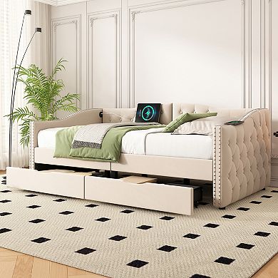 Pnronnc Upholstered Daybed Storage Bed Frame with USB Ports and 2 Drawer