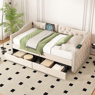 Pnronnc Upholstered Daybed Storage Bed Frame with USB Ports and 2 Drawer