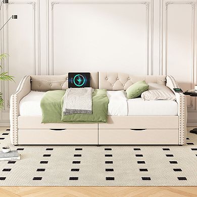 Pnronnc Upholstered Daybed Storage Bed Frame with USB Ports and 2 Drawer