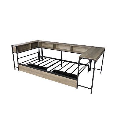 Pnronnc Low Corner Storage Bed Frame with Bookcase LED Lights and Charging Station
