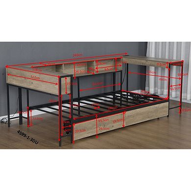 Pnronnc Low Corner Storage Bed Frame with Bookcase LED Lights and Charging Station