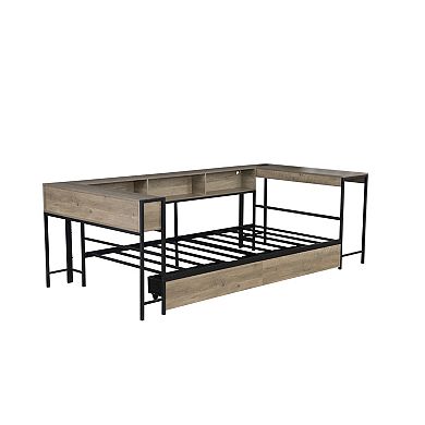 Pnronnc Low Corner Storage Bed Frame with Bookcase LED Lights and Charging Station