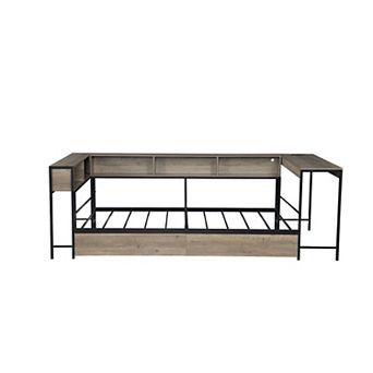 Pnronnc Low Corner Storage Bed Frame with Bookcase LED Lights and Charging Station