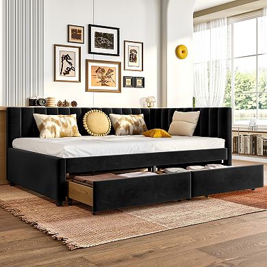 Pnronnc Full Size Upholstered Daybed with Storage Drawers and L-Shaped Headboard