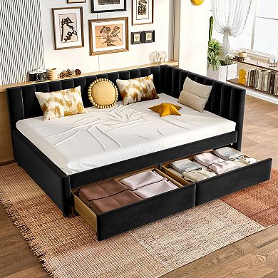 Pnronnc Full Size Upholstered Daybed with Storage Drawers and L-Shaped Headboard