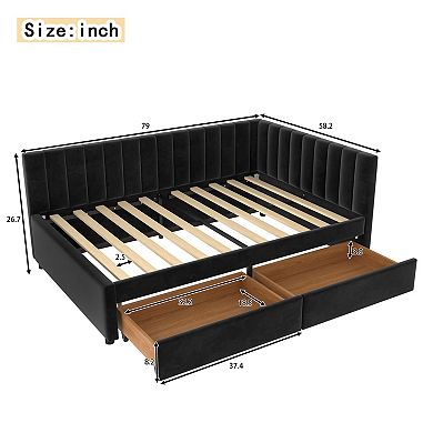 Pnronnc Full Size Upholstered Daybed with Storage Drawers and L-Shaped Headboard