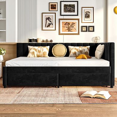 Pnronnc Full Size Upholstered Daybed with Storage Drawers and L-Shaped Headboard