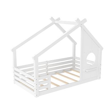 Pnronnc Wooden House Bed Frame Kids Floor Bed with Window and Storage Shelf