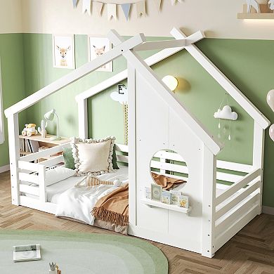 Pnronnc Wooden House Bed Frame Kids Floor Bed with Window and Storage Shelf