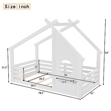 Pnronnc Wooden House Bed Frame Kids Floor Bed with Window and Storage Shelf