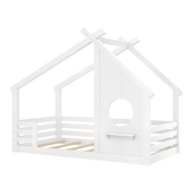 Pnronnc Wooden House Bed Frame Kids Floor Bed with Window and Storage Shelf