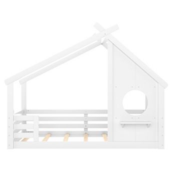 Pnronnc Wooden House Bed Frame Kids Floor Bed with Window and Storage Shelf