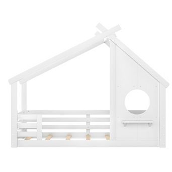 Pnronnc Wooden House Bed Frame Kids Floor Bed with Window and Storage Shelf