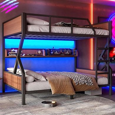 Pnronnc Metal Bunk Bed Frame with Storage Shelves and LED Lights