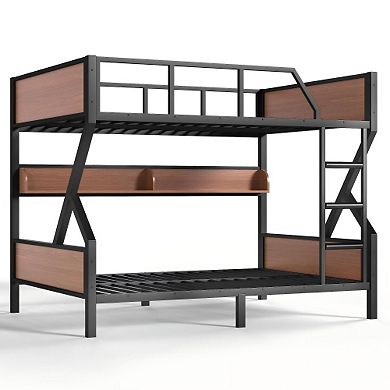 Pnronnc Metal Bunk Bed Frame with Storage Shelves and LED Lights