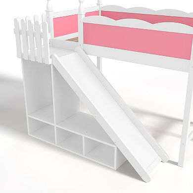 Pnronnc Kids Loft Bed Wooden Bed Frame with Storage Shelves & Wardrobe