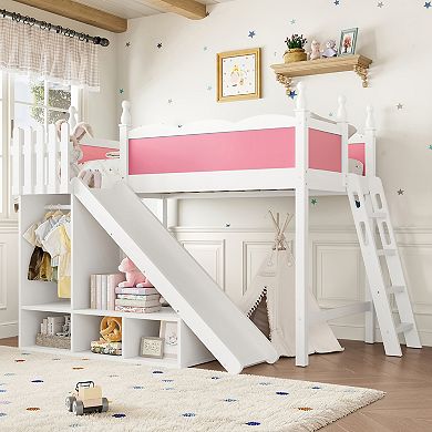 Pnronnc Kids Loft Bed Wooden Bed Frame with Storage Shelves & Wardrobe