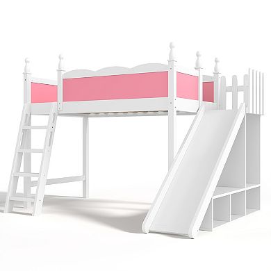 Pnronnc Kids Loft Bed Wooden Bed Frame with Storage Shelves & Wardrobe