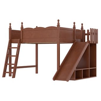 Pnronnc Kids Loft Bed Wooden Bed Frame with Storage Shelves & Wardrobe