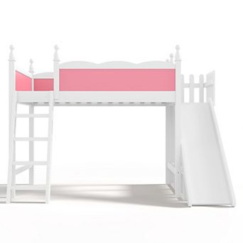 Pnronnc Kids Loft Bed Wooden Bed Frame with Storage Shelves & Wardrobe