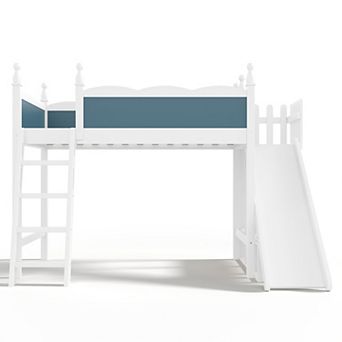Pnronnc Kids Loft Bed Wooden Bed Frame with Storage Shelves & Wardrobe