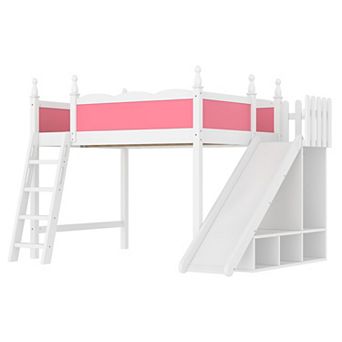 Pnronnc Kids Loft Bed Wooden Bed Frame with Storage Shelves & Wardrobe