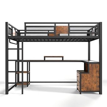 Pnronnc Metal Loft Bed Frame with Desk and Storage Drawers