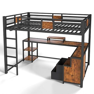 Pnronnc Metal Loft Bed Frame with Desk and Storage Drawers