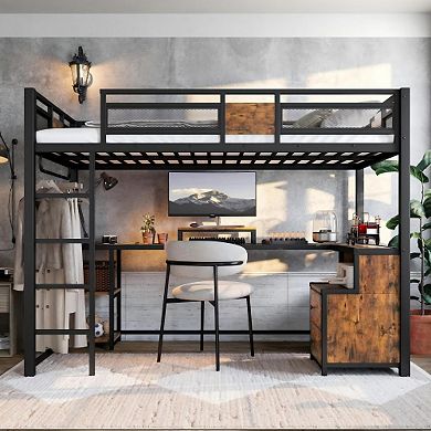 Pnronnc Metal Loft Bed Frame with Desk and Storage Drawers