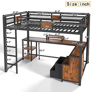 Pnronnc Metal Loft Bed Frame with Desk and Storage Drawers