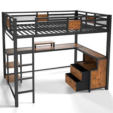 Pnronnc Metal Loft Bed Frame with Desk and Storage Drawers