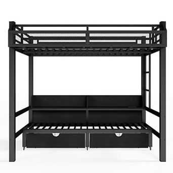 Pnronnc Metal Bunk Bed Frame Convertible Daybed with Storage Drawers and LED Lights