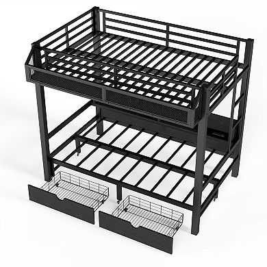 Pnronnc Metal Bunk Bed Frame Convertible Daybed with Storage Drawers and LED Lights