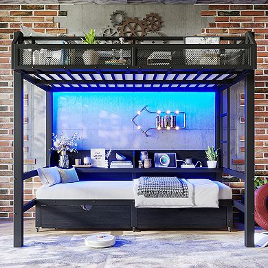 Pnronnc Metal Bunk Bed Frame Convertible Daybed with Storage Drawers and LED Lights
