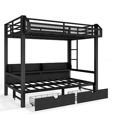 Pnronnc Metal Bunk Bed Frame Convertible Daybed with Storage Drawers and LED Lights