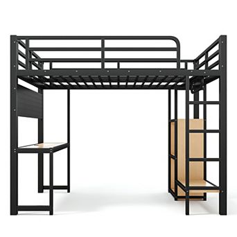 Pnronnc Metal Loft Bed Frame with Built-in Desk Storage Shelves and USB Ports