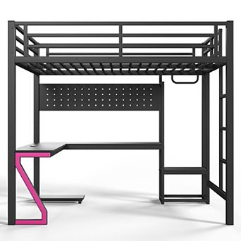 Pnronnc Metal Loft Bed Frame with L-Shaped Desk and Z-Shaped Lights