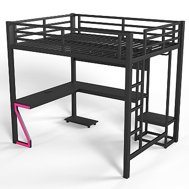 Pnronnc Metal Loft Bed Frame with L-Shaped Desk and Z-Shaped Lights