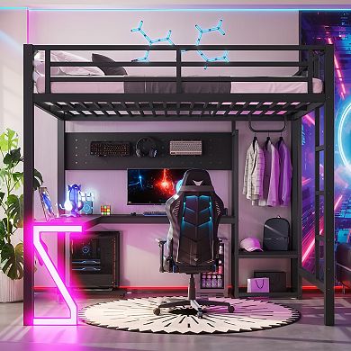 Pnronnc Metal Loft Bed Frame with L-Shaped Desk and Z-Shaped Lights