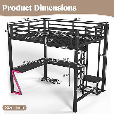 Pnronnc Metal Loft Bed Frame with L-Shaped Desk and Z-Shaped Lights