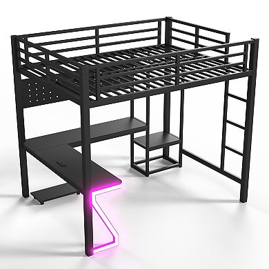 Pnronnc Metal Loft Bed Frame with L-Shaped Desk and Z-Shaped Lights